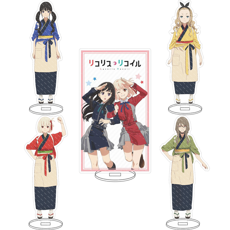 Figma Stand Set - 16cmのアニメ「ライコリス・リコイル」の登場人物、西木渉、井上真緒、中原千花、中村千花のアクリルスタンドフィギュア。コスプレグッズやギフトとしても。