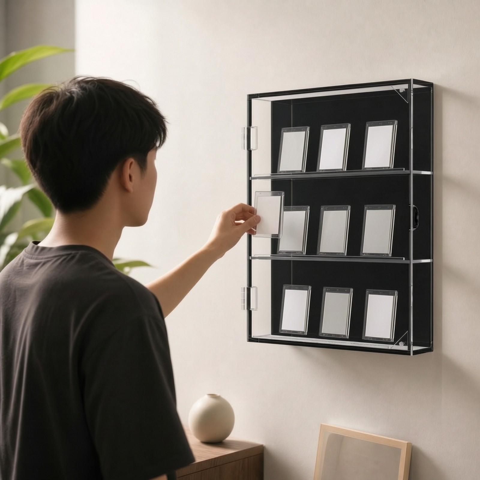 Display Case Acrylic - 野球やバスケットボールのスポーツカードコレクションを展示するための、扉付きのアクリル製壁掛けカードディスプレイケース。